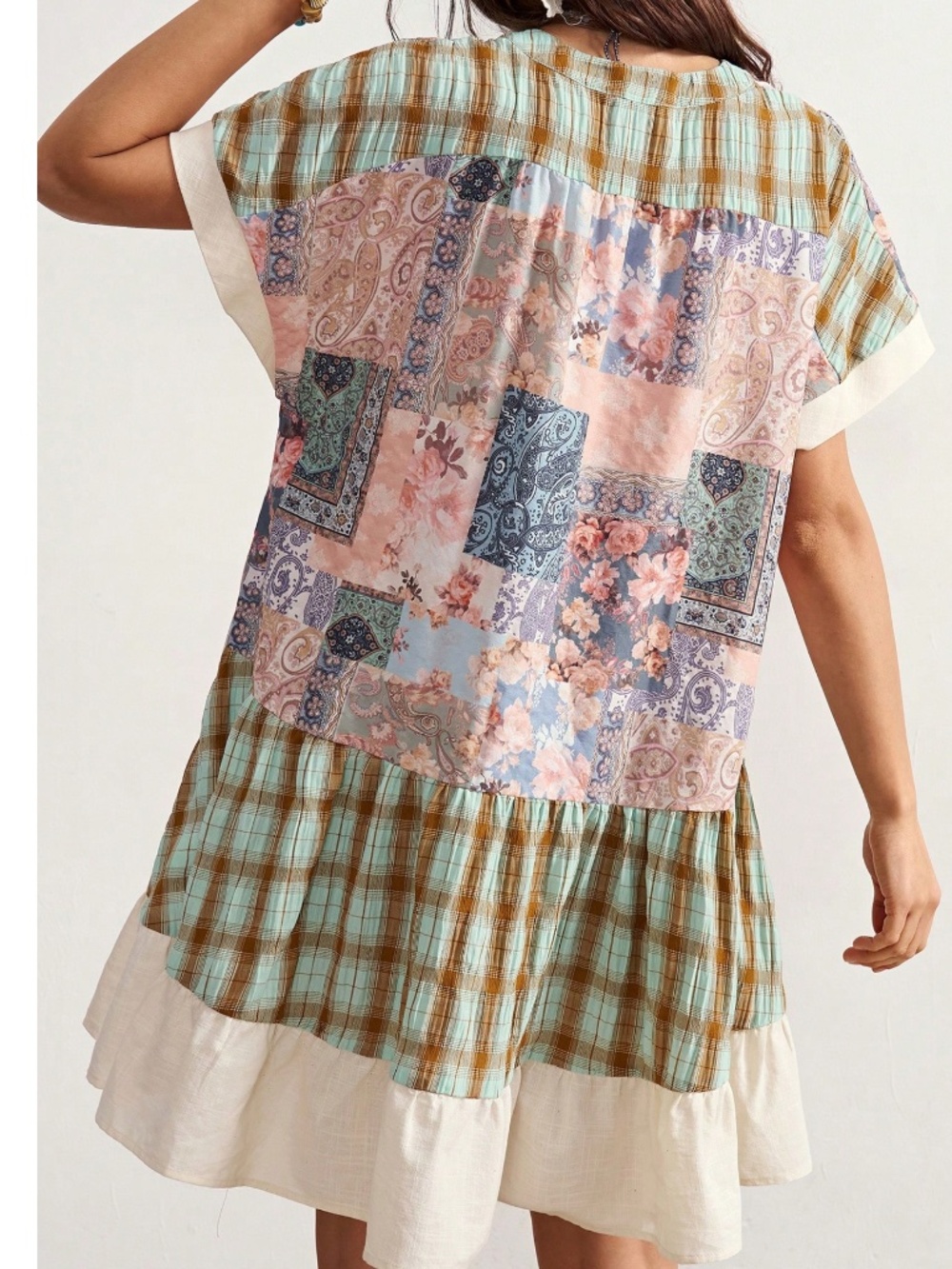 Boho Floral Plaid Print V neck Short Sleeve Dress - Picture 5 of 6